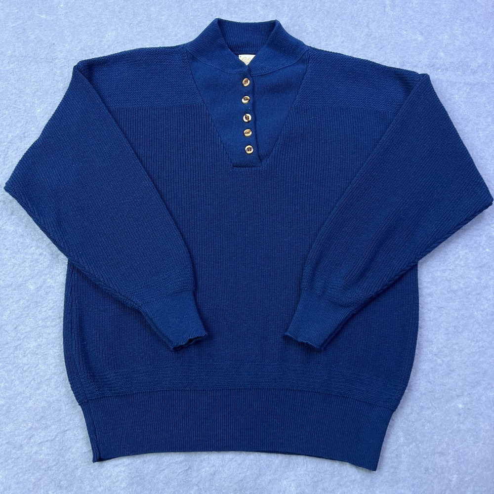 VTG Cabela's Sweater Mens Large Blue Henley Button Ribbed Mock Pullover USA Made